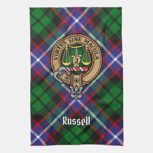 Clan Russell Crest over Tartan Geschirrtuch (Vertikal)