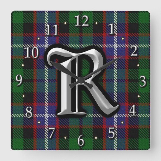 Clan Russell Letter R Monogram Tartan Quadratische Wanduhr (Vorderseite)