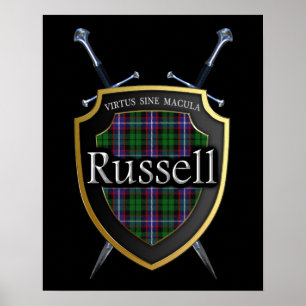 Clan Russell Tartan Schild & Schwerter Druck