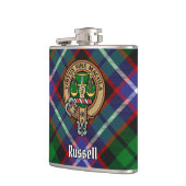 Clan Russell-Wappen über Tartan Flachmann (Links)