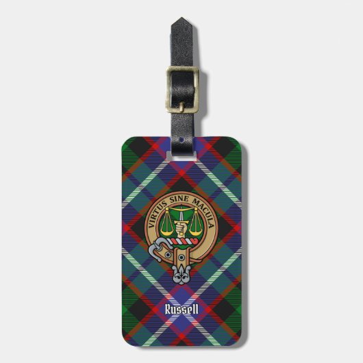 Clan Russell-Wappen über Tartan Gepäckanhänger (Vorderseite vertikal)