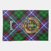 Clan Russell-Wappen über Tartan Geschirrtuch (Horizontal)