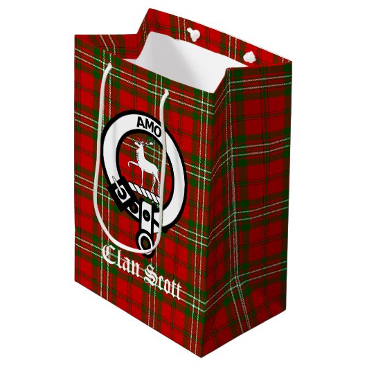 Clan Scott Wappen Abzeichen & Tartan Mittlere Geschenktüte (Vorderseite Schrägansicht)