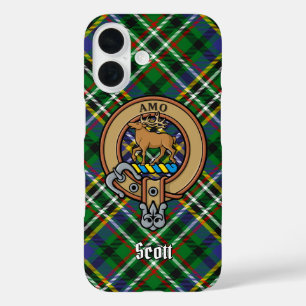 Clan Scott Wappen über Green Tartan iPhone 16 Hülle