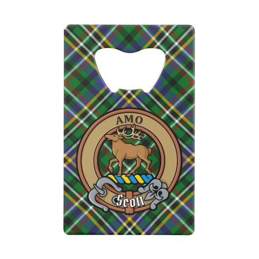 Clan Scott Wappen über Green Tartan Geldbeutel Flaschenöffner (Vorderseite)