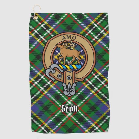 Clan Scott Wappen über Green Tartan Golf Towel Golfhandtuch (Vorderseite)