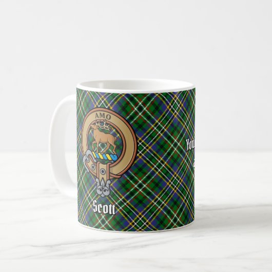 Clan Scott Wappen über Green Tartan Kaffeetasse (Vorderseite Links)