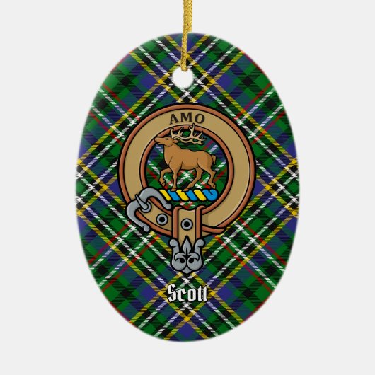 Clan Scott Wappen über Green Tartan Keramik Ornament (Vorne)