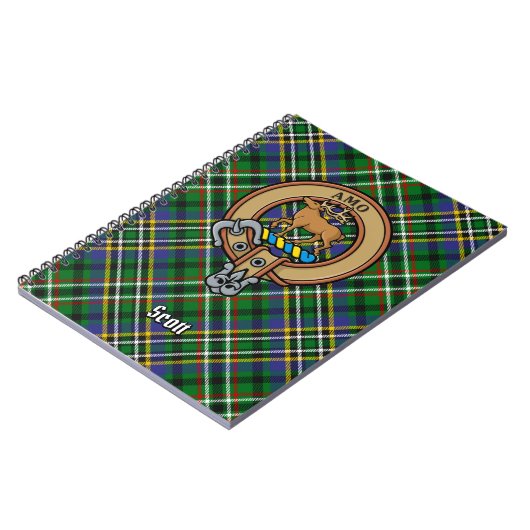 Clan Scott Wappen über Green Tartan Notizblock (Linke Seite)