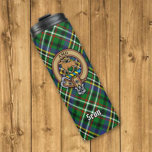 Clan Scott Wappen über Green Tartan Thermosbecher