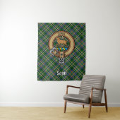Clan Scott Wappen über Green Tartan Wandteppich (Beispiel)