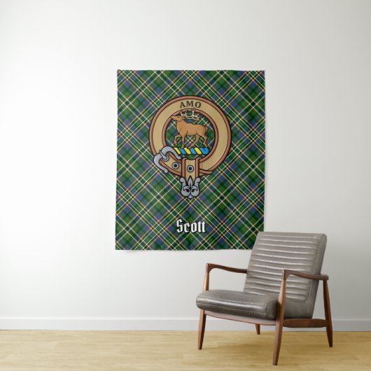 Clan Scott Wappen über Green Tartan Wandteppich (Beispiel)