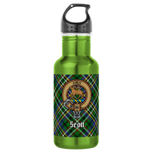 Clan Scott-Wappen über grünem Tartan Edelstahlflasche