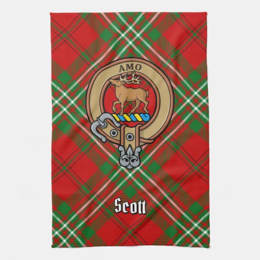 Clan Scott Wappen über Red Tartan Küchentuch (Vertikal)
