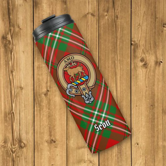 Clan Scott Wappen über Red Tartan Thermosbecher