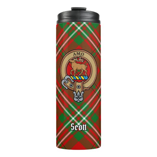 Clan Scott Wappen über Red Tartan Thermosbecher (Vorderseite)
