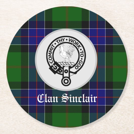 Clan Sinclair Tartan & Wappen Abzeichen Runder Pappuntersetzer (Vorderseite)