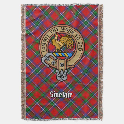 Clan Sinclair-Wappen auf rotem Tartan Decke (Vorderseite Vertikal)