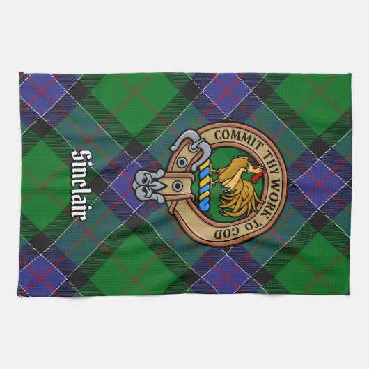 Clan Sinclair Wappen über Jagd Tartan Geschirrtuch (Horizontal)