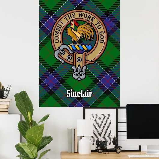 Clan Sinclair Wappen über Jagd Tartan Poster (Heimbüro)