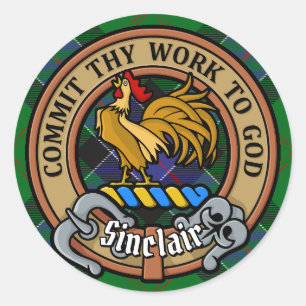 Clan Sinclair Wappen über Jagd Tartan Runder Aufkleber
