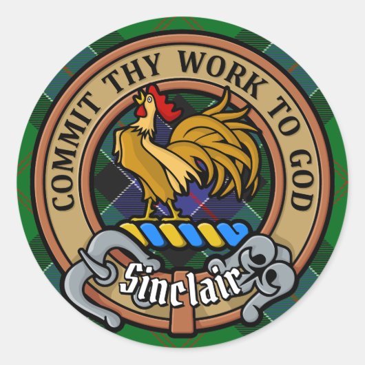 Clan Sinclair Wappen über Jagd Tartan Runder Aufkleber (Vorderseite)