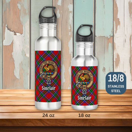 Clan Sinclair Wappen über Red Tartan Edelstahlflasche
