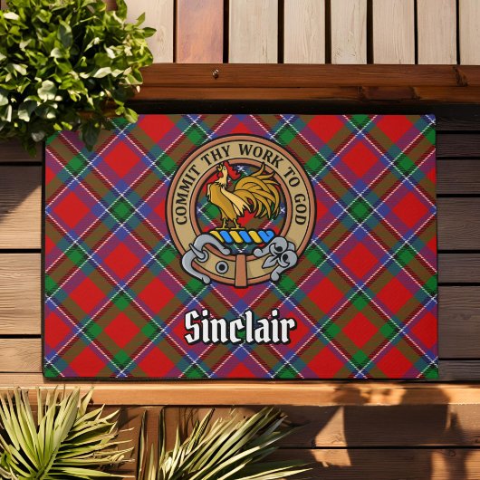 Clan Sinclair Wappen über Red Tartan Fußmatte