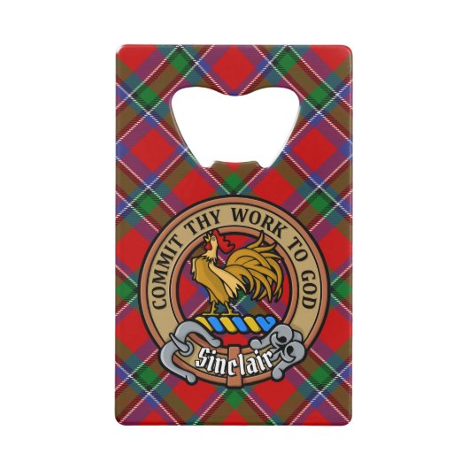 Clan Sinclair Wappen über Red Tartan Geldbeutel Flaschenöffner (Vorderseite)