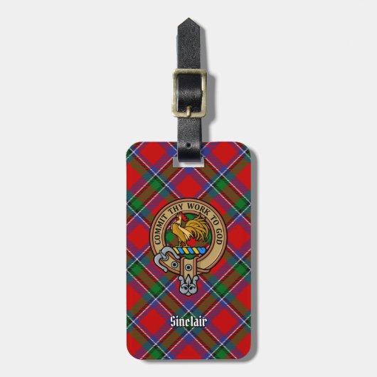 Clan Sinclair Wappen über Red Tartan Gepäckanhänger (Vorderseite vertikal)