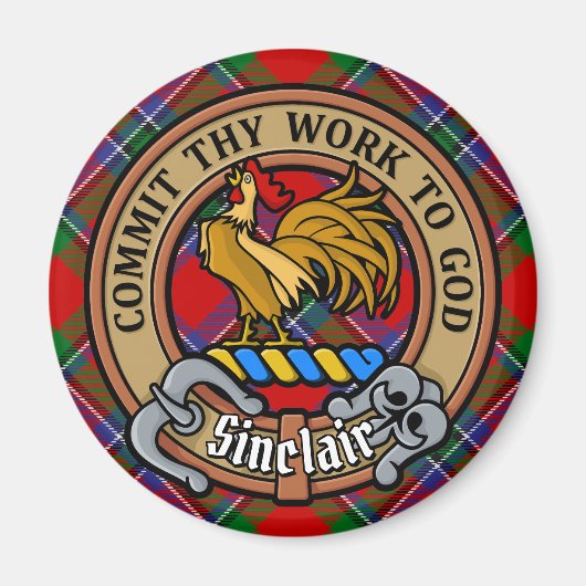 Clan Sinclair Wappen über Red Tartan Magnet (Vorne)