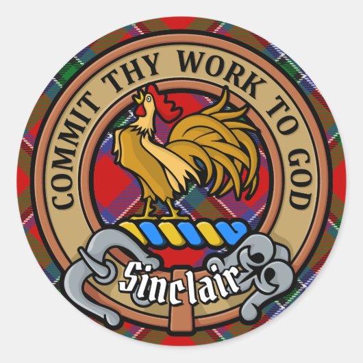 Clan Sinclair Wappen über Red Tartan Runder Aufkleber (Vorderseite)