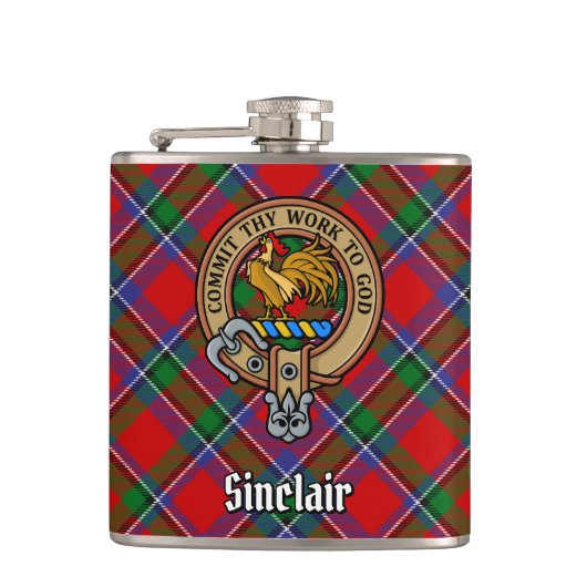 Clan Sinclair Wappen über Tartan Flachmann (Vorderseite)