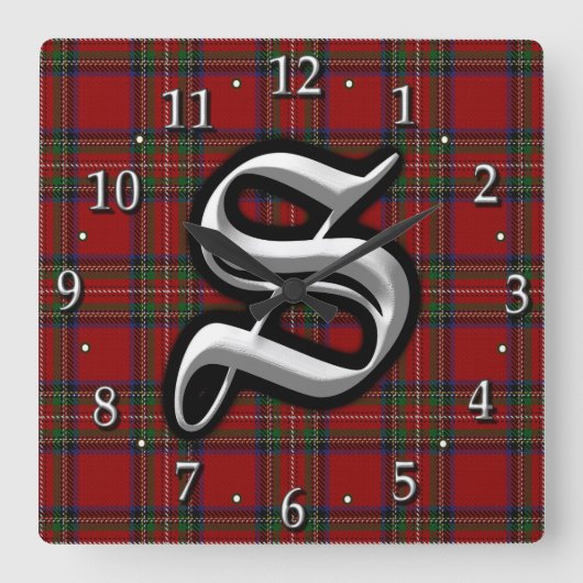 Clan Stewart Letter S Monogram Royal Red Tartan Quadratische Wanduhr (Vorderseite)