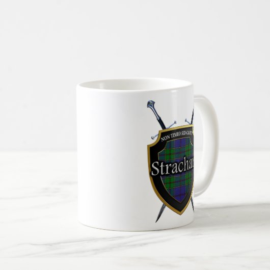 Clan Strachan Tartan-Schild und Schwerter Kaffeetasse (VorderseiteRechts)