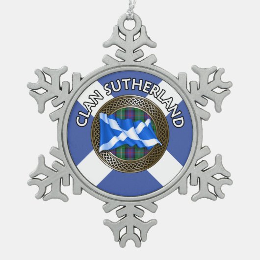 Clan Sutherland Tartan Knot & Flag Schneeflocken Zinn-Ornament (Vorderseite)