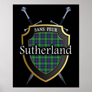 Clan Sutherland Tartan Scottish Shield & Schwerter Poster