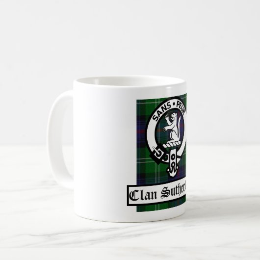 Clan Sutherland Wappen Abzeichen & Tartan Kaffeetasse (Vorderseite Links)
