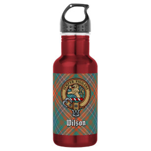 Clan Wilson-Wappen über altem Tartan Edelstahlflasche