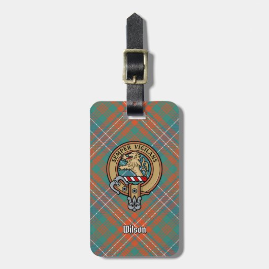 Clan Wilson Wappen über antikes Tartan Gepäckanhänger (Vorderseite vertikal)