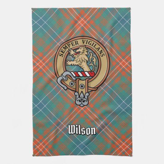 Clan Wilson Wappen über antikes Tartan Geschirrtuch (Vertikal)