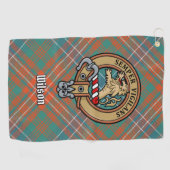 Clan Wilson Wappen über antikes Tartan Golfhandtuch (Horizontal)