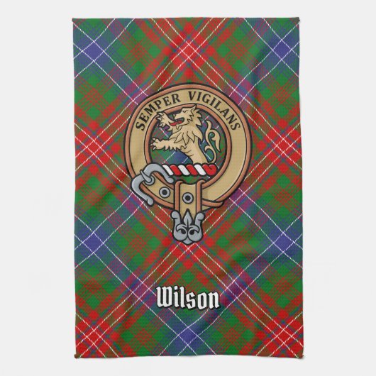 Clan Wilson Wappen über das moderne Tartan Geschirrtuch (Vertikal)