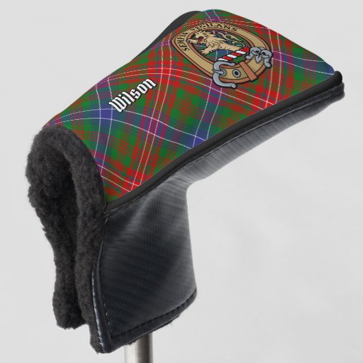 Clan Wilson Wappen über das moderne Tartan Golf Headcover (3/4 Vorderseite)