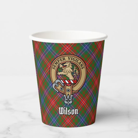 Clan Wilson Wappen über das moderne Tartan Pappbecher (Vorderseite)