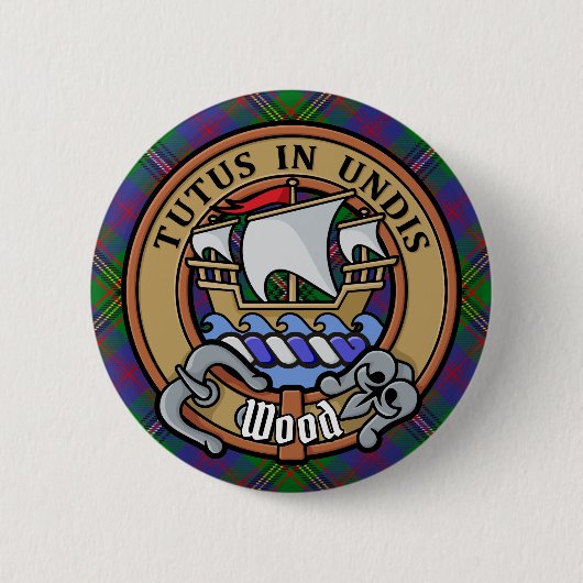 Clan Wood Wappen über Tartan Button (Vorderseite)