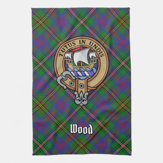 Clan Wood Wappen über Tartan Geschirrtuch (Vertikal)