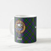Clan Wood Wappen über Tartan Kaffeetasse (Vorderseite Links)