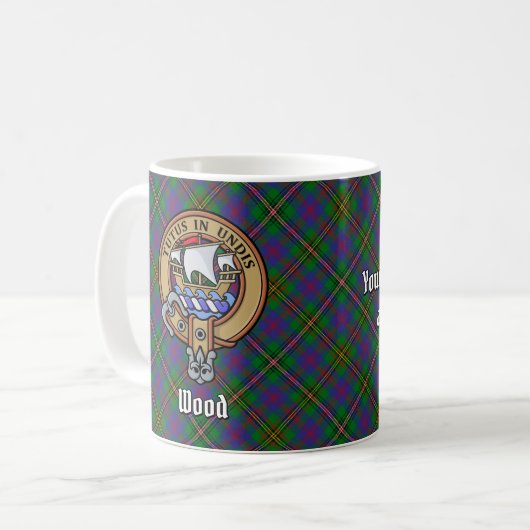 Clan Wood Wappen über Tartan Kaffeetasse (Vorderseite Links)