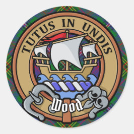 Clan Wood Wappen über Tartan Runder Aufkleber